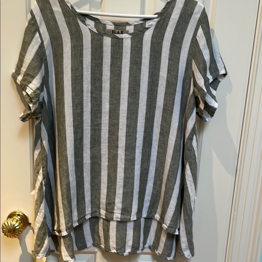 FLAX sz M Women's Striped 100% Linen Gray & White Top longer in back lagenlook